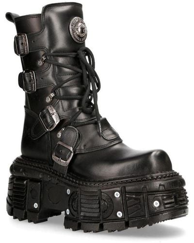 New Rock Black Leather Combat Platform Boots - Tank373-s1