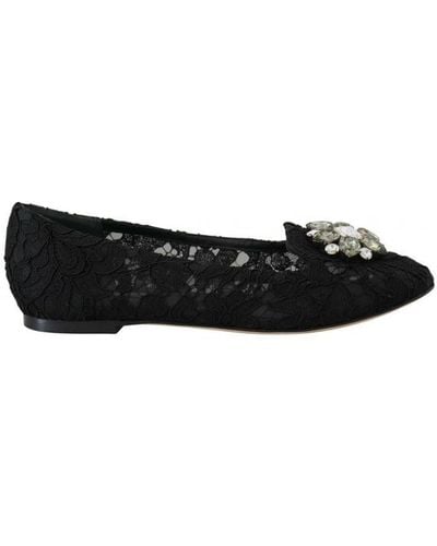 Dolce & Gabbana Black Taormina Lace Crystals Flats Shoes Viscose