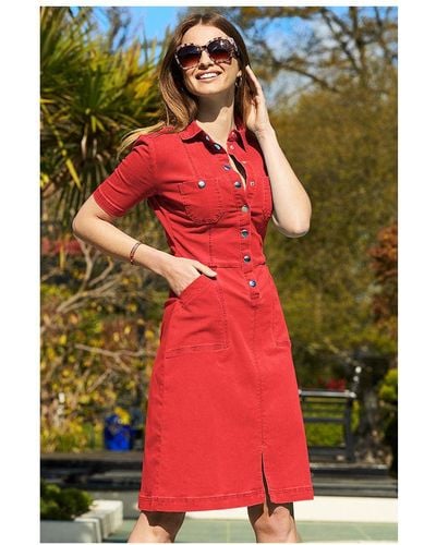 Sosandar Popper Front Short Sleeve Stretch Denim Dress - Red