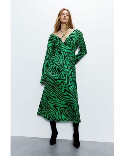Warehouse Animal Satin Maxi Dress - Green