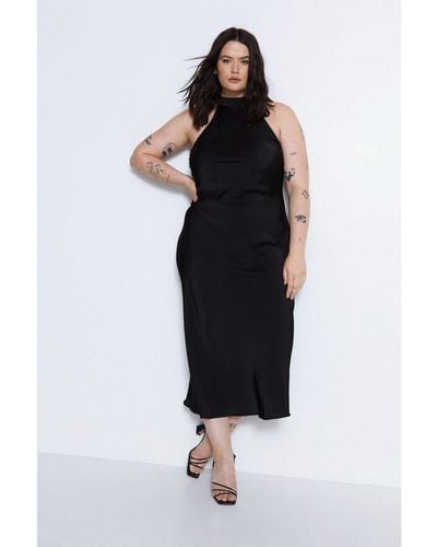 Warehouse Plus Size Satin Halter Neck Backless Slip Dress - Black