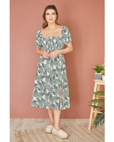 Yumi' Organic Cotton Palm Print Midi Dress With Side Split - Green