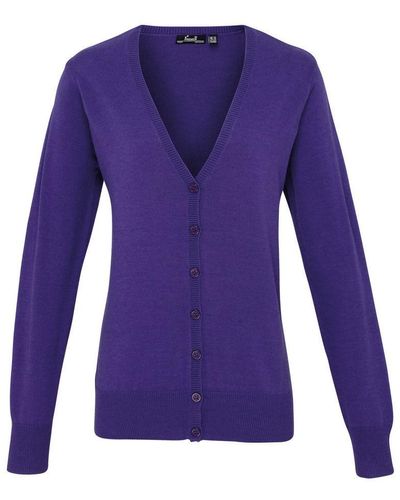 PREMIER Ladies Button Through Long Sleeve V-Neck Knitted Cardigan () - Purple