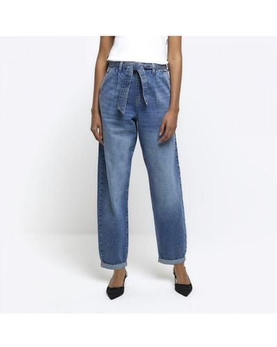 River Island Barrell Jeans Blue High Waisted Belted Cotton