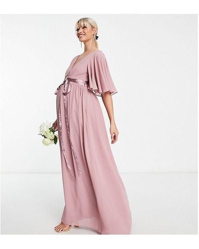TFNC London Materity Bridesmaid Kimono Sleeve Pleated Maxi Dress With Angel - Pink