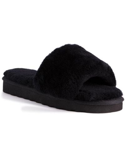 Aus Wooli Australia Sheepskin Fluff Slide Slippers Leather - Black