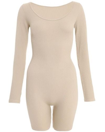 Quiz Stone Ribbed Long Sleeve Playsuit - Natural
