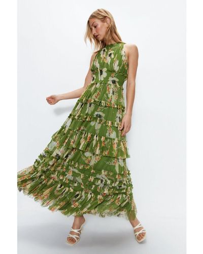 Warehouse Floral Printed Tulle Keyhole Halter Maxi Dress - Green
