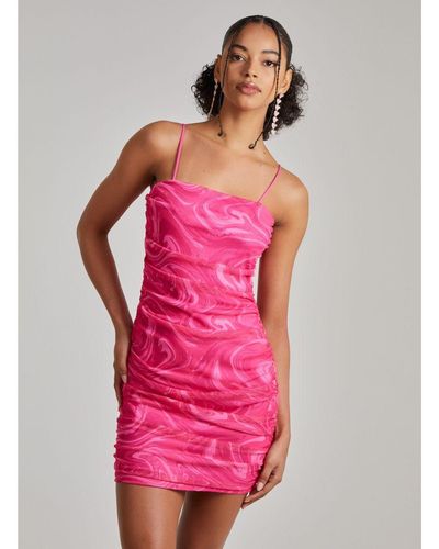 Pink Vanilla Vanilla Swirl Print Mesh Strappy Ruched Dress - Pink