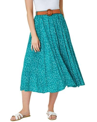 Roman Ditsy Floral Print Belted Midi Skirt - Blue