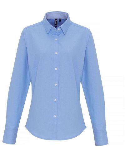 PREMIER Ladies Cotton Rich Oxford Stripe Blouse (Light) - Blue