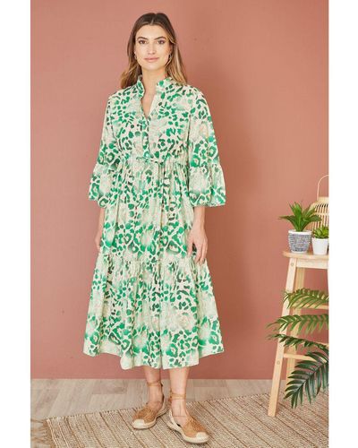 Yumi' Premium Animal Print Broderie Anglaise Cotton Midi Shirt Dress - Green