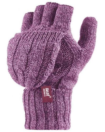 Heat Holders Womenss Thermal Converter Fingerless Cable Knit 2.3 Tog Gloves - Purple