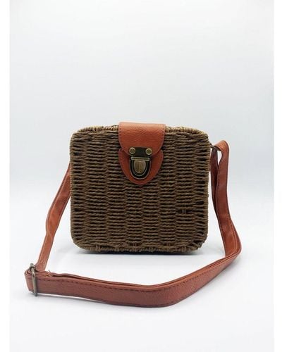 SVNX Woven Straw Cross Body Bag With Pu Leather Clasp - Brown