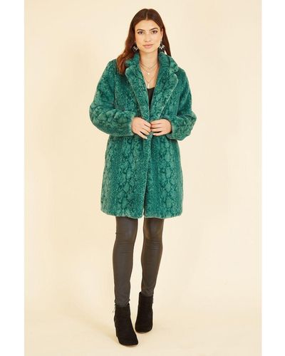 Yumi' Snakeskin Print Faux Fur Coat - Green