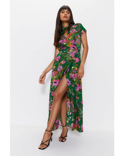 Warehouse Floral Printed Viscose Jacquard Keyhole Midi Dress - Green