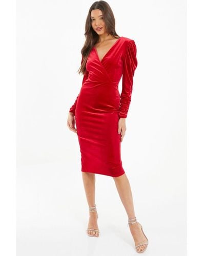 Quiz Velvet Wrap Midi Dress - Red