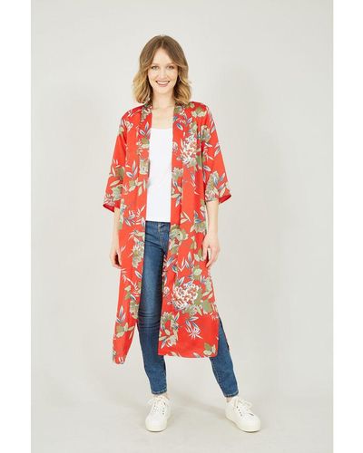 Yumi' Rode Satijnen Kimono Met Bloemenprint - Wit