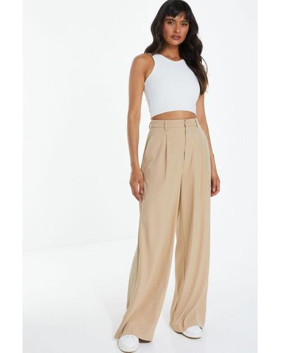 Quiz Wide Leg Tailored Trousers Cotton - Natural