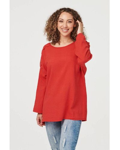 Izabel London Lace Shoulder Oversized Top Cotton - Red