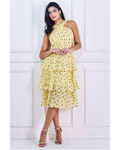 Goddiva Printed Halter Tiered Midi Dress - Yellow