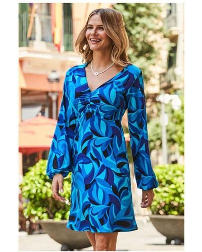 Sosandar Swirl Print V Neck Ruched Front Shift Jersey Dress - Blue