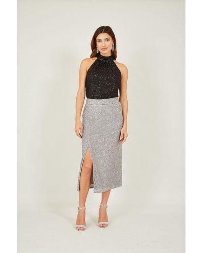 Yumi' Sequin Fitted Skirt With Front Slit - White