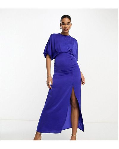 ASOS Design Satin Batwing Midi Dress With Button Side Detail - Blue
