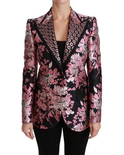 Dolce & Gabbana Zwart Roze Jacquard Slim Fit Blazer Voor - Rood