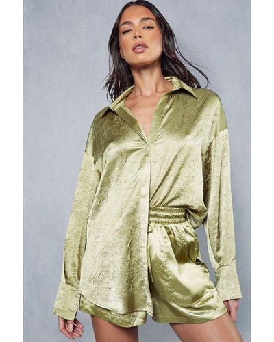 MissPap Textured Crinkle Satin Oversized Shirt - Green