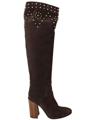 Dolce & Gabbana Suede Studded Knee High Shoes Boots Leather - Brown