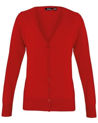 PREMIER Ladies Button Through Long Sleeve V-Neck Knitted Cardigan () - Red