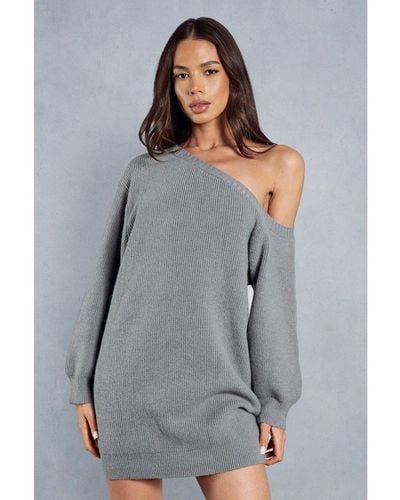 MissPap Knitted Oversized Off The Shoulder Jumper Dress - Grey