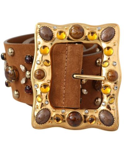 Dolce & Gabbana Brown Crystal Gold Buckle Leather Belt - Metallic