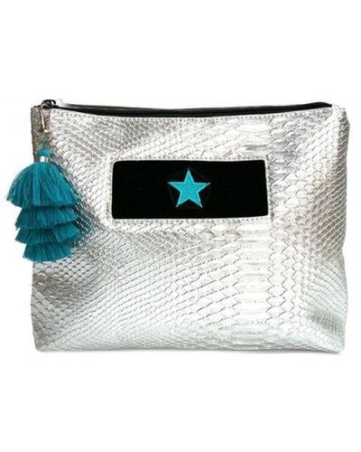 Apatchy London Silver Snakeskin Wash Bag With Teal Star Faux Leather - White
