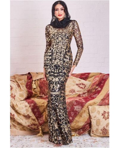 Goddiva Modesty Sequin Embroidered Maxi Dress - Metallic