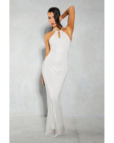 MissPap Diamante Fishnet Twist Neckline Halterneck Maxi Dress - White