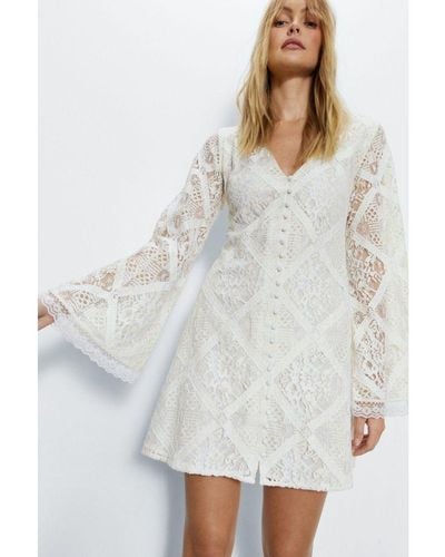 Warehouse Lace Covered Button Flared Sleeve Mini Dress Nylon - White