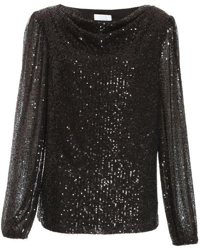 Quiz Sequin Boxy Drape Top - Black