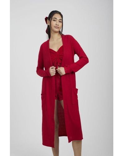 Brave Soul 'Nellie' Ribbed Oversized Lounge Cardigan - Red