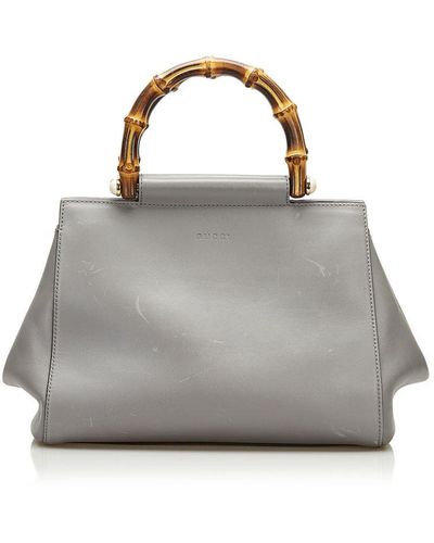 Gucci Ladies Vintage Bamboo Nymphaea Leather Satchel- Grey