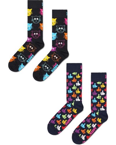 Happy Socks 2-pack Klassieke Kattenduimsokken Met Ronde Hals, Unisex - Blauw