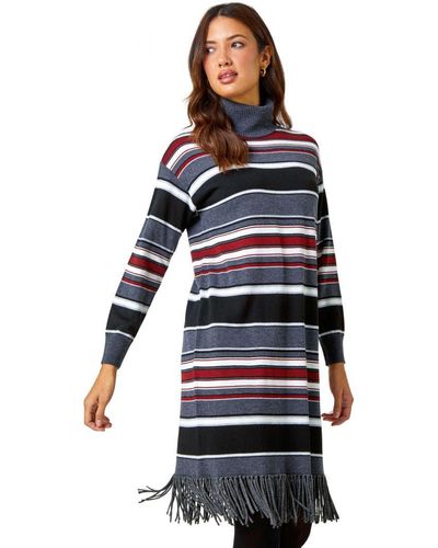 Roman Stripe Roll Neck Fringe Knitted Dress - Blue