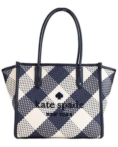 Kate Spade Ella Gingham Blazer Blue Oversized Woven Shoulder Tote Bag Purse Straw