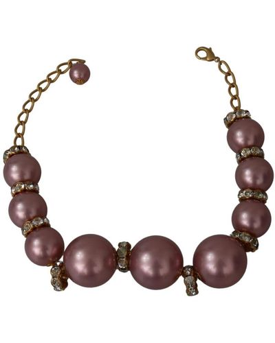 Dolce & Gabbana Gold Brass Pink Maxi Faux Pearl Beads Crystals Damesketting - Bruin