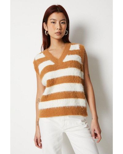 Warehouse Striped V Neck Knitted Tank Top - Natural