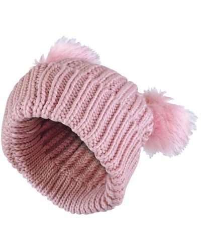 Sock Snob Ladies Double Faux Fur Pom Pom Pull On Fashionable Knitted Beanie Hat - Pink