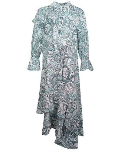 Inoa Jafari 120211 Long Sleeve Silk Uneven Hem Ruffle Dress - Blue
