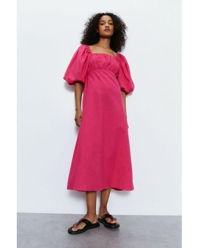 Warehouse Cotton Puff Sleeve Ruched Bodice Midi Dress - Pink