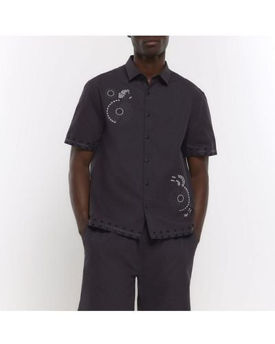 River Island Shirt Dark Grey Regular Fit Embroidered Cotton - Blue
